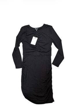 The Commons Black Ruched Midi Dress Petite Small NWT Long Sleeve Bodycon Modal